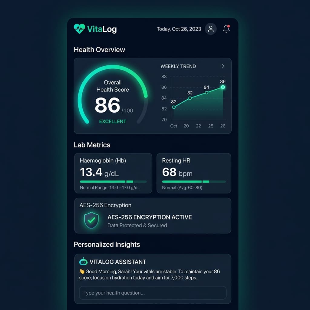 VitaLog Mobile App Live Dashboard Screenshot showing Health Overview, 86/100 Health Score, Lab Metrics, and AES-256 Encryption